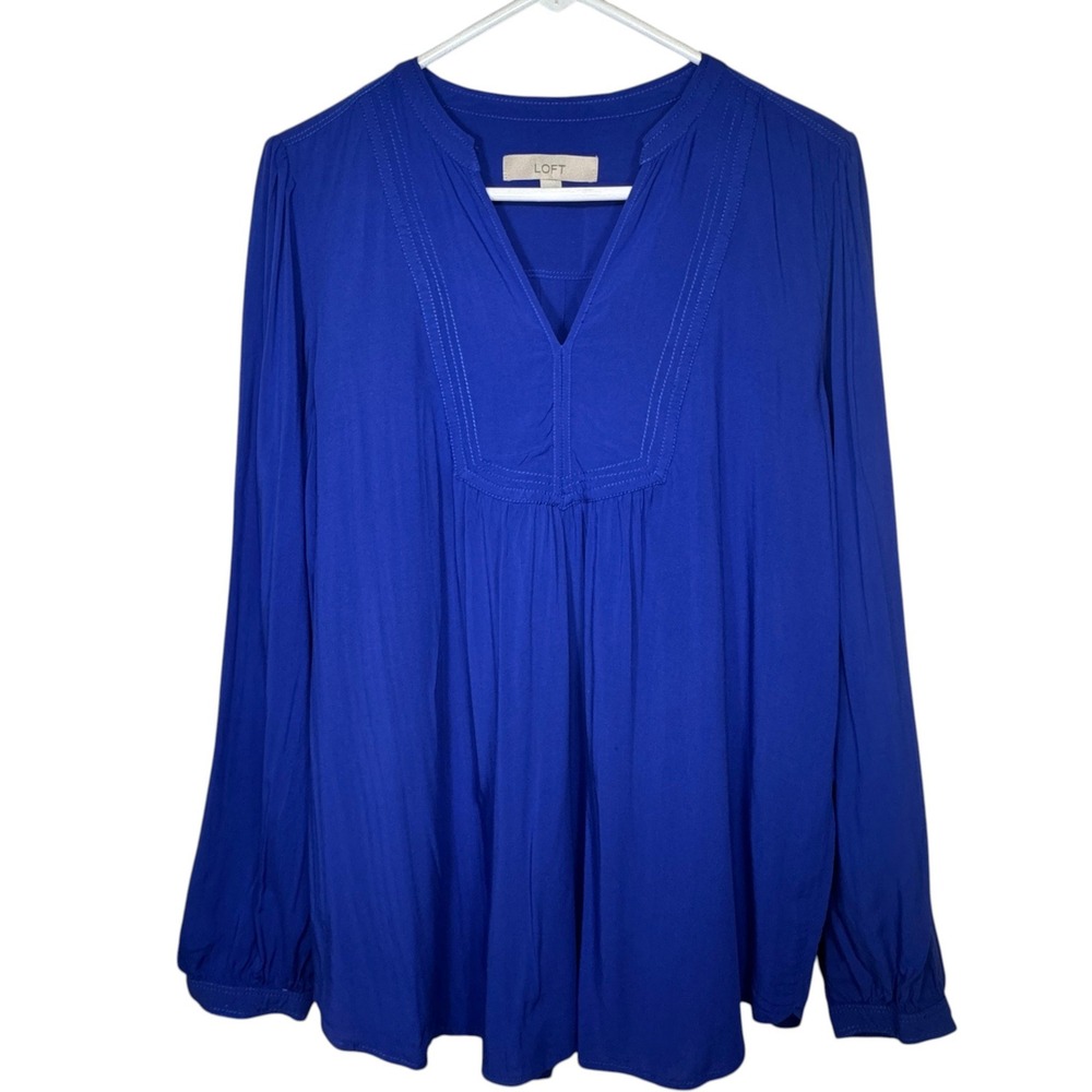 LOFT Royal Blue Split V Neck Blouse Womens Large Pleated Long Sleeve Cobalt Top